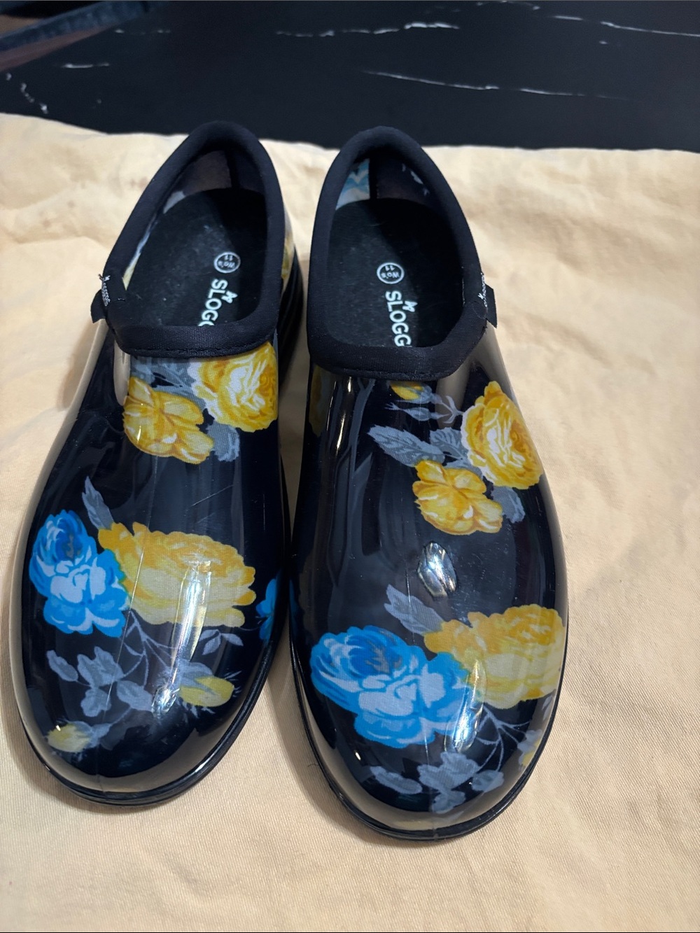 Sloggi Black Rain Clogs with Yellow & Blue Floral Print
